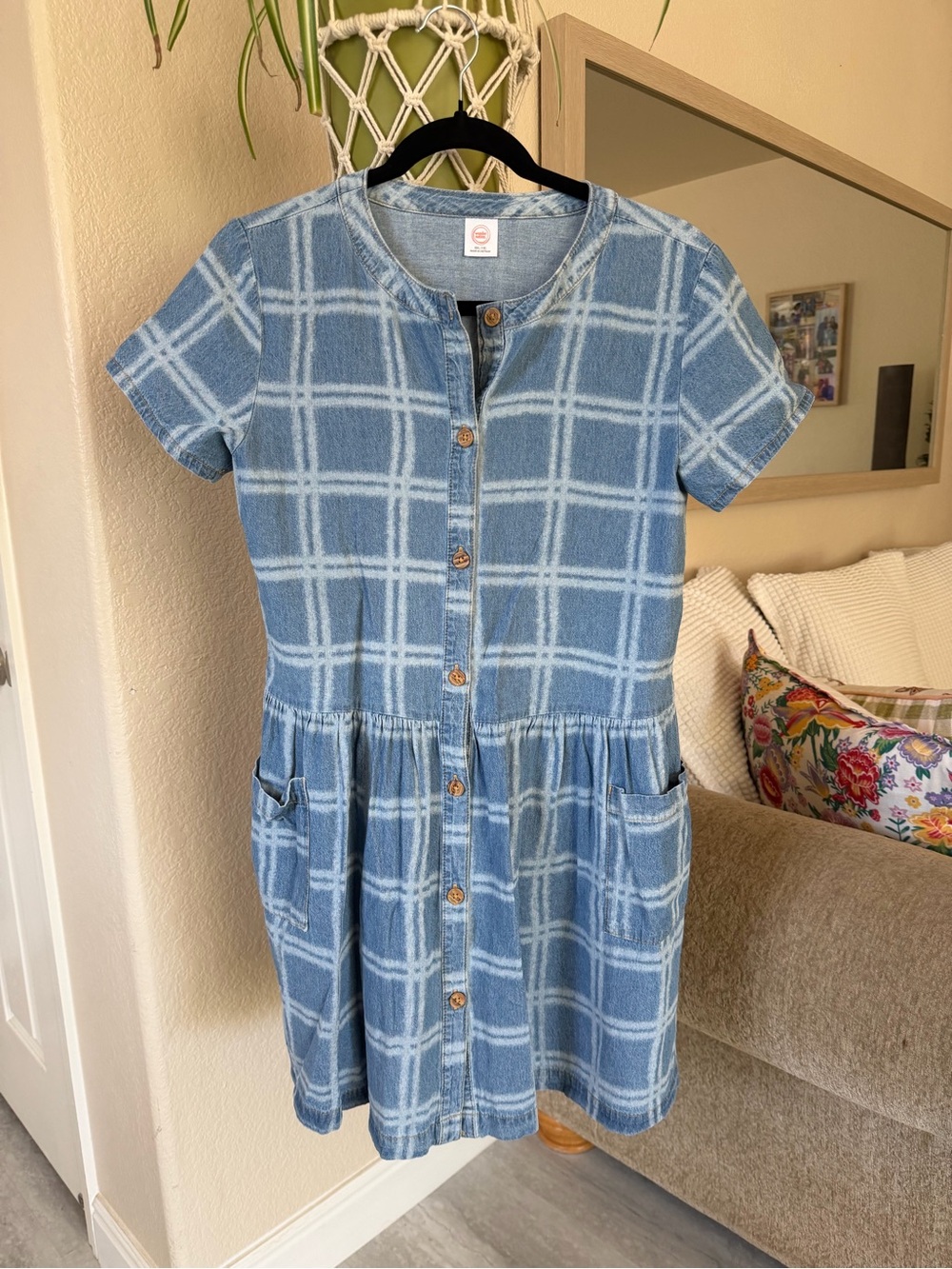 Girls Wonder Nation Light Blue Plaid Button-Front Casual Dress